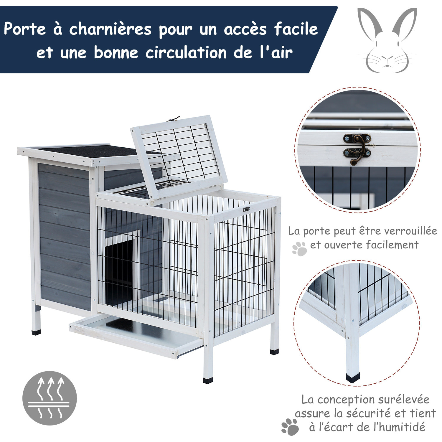 Clapier sur pieds cage à lapin avec niche intérieure plateau excrément coulissant porte supérieure 92L x 51l x 76H cm gris blanc