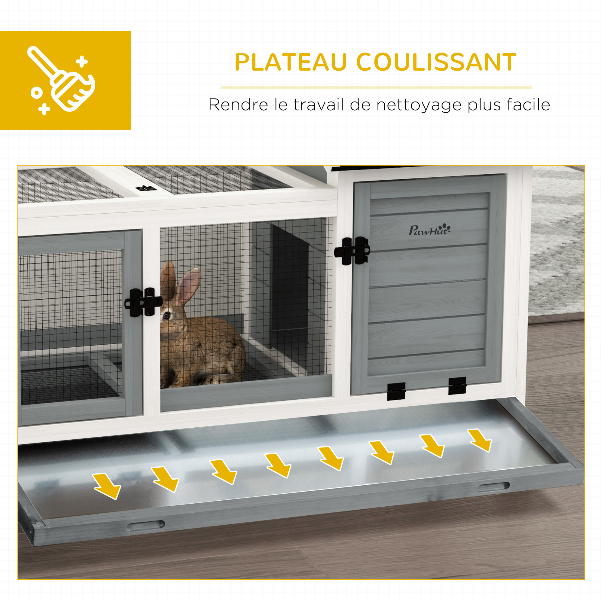 Clapier à lapin sur roulettes cage à lapin porte, rampe trappe verrouillables toit ouvrant niche bois sapin acier gris blanc