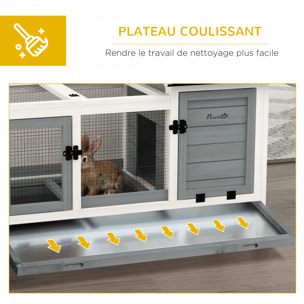 Clapier à lapin sur roulettes cage à lapin porte, rampe trappe verrouillables toit ouvrant niche bois sapin acier gris blanc