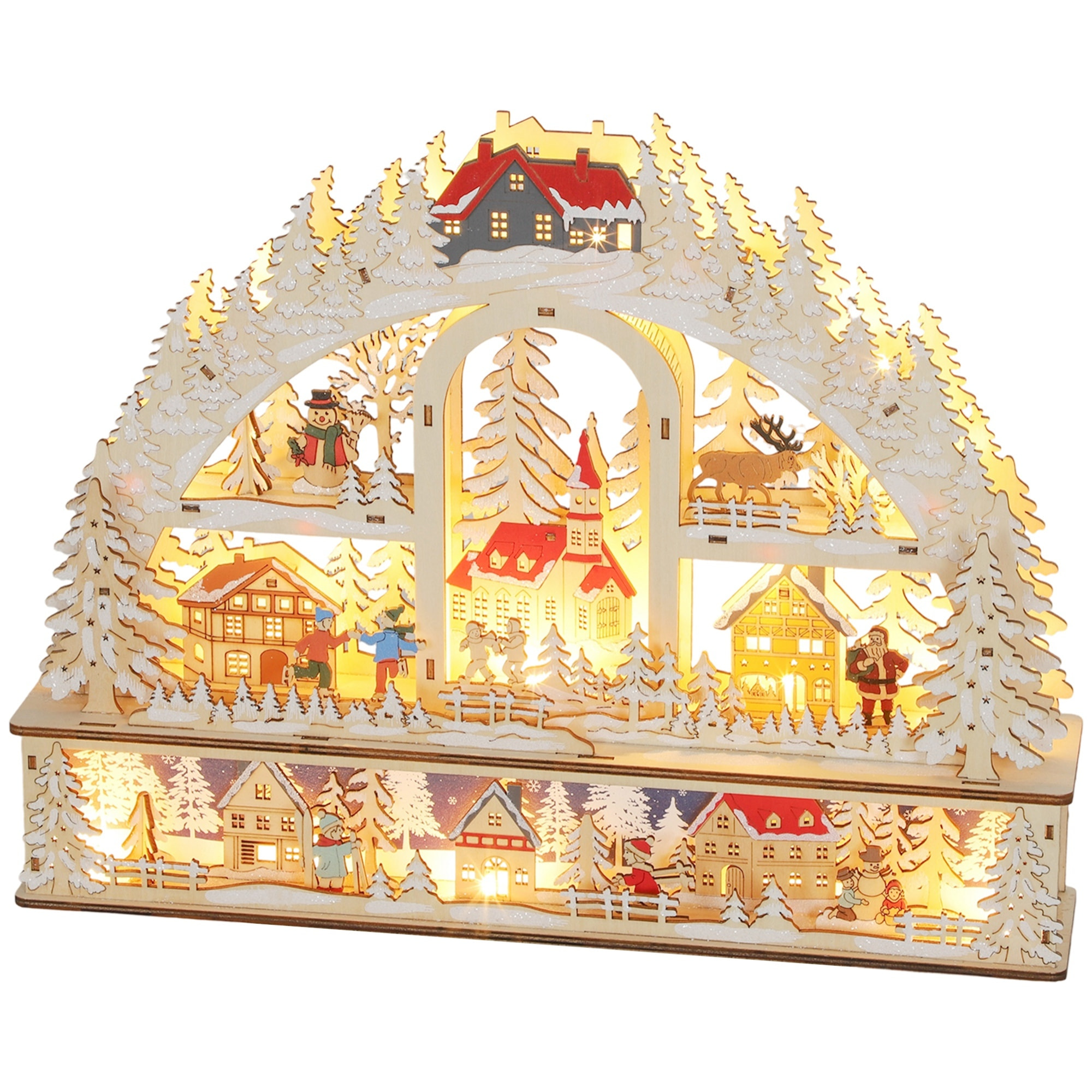 Village de Noël LED x 20 blanc chaud en bois - église, maisons, sapins enneigés, personnages