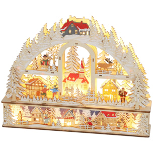 Village de Noël LED x 20 blanc chaud en bois - église, maisons, sapins enneigés, personnages