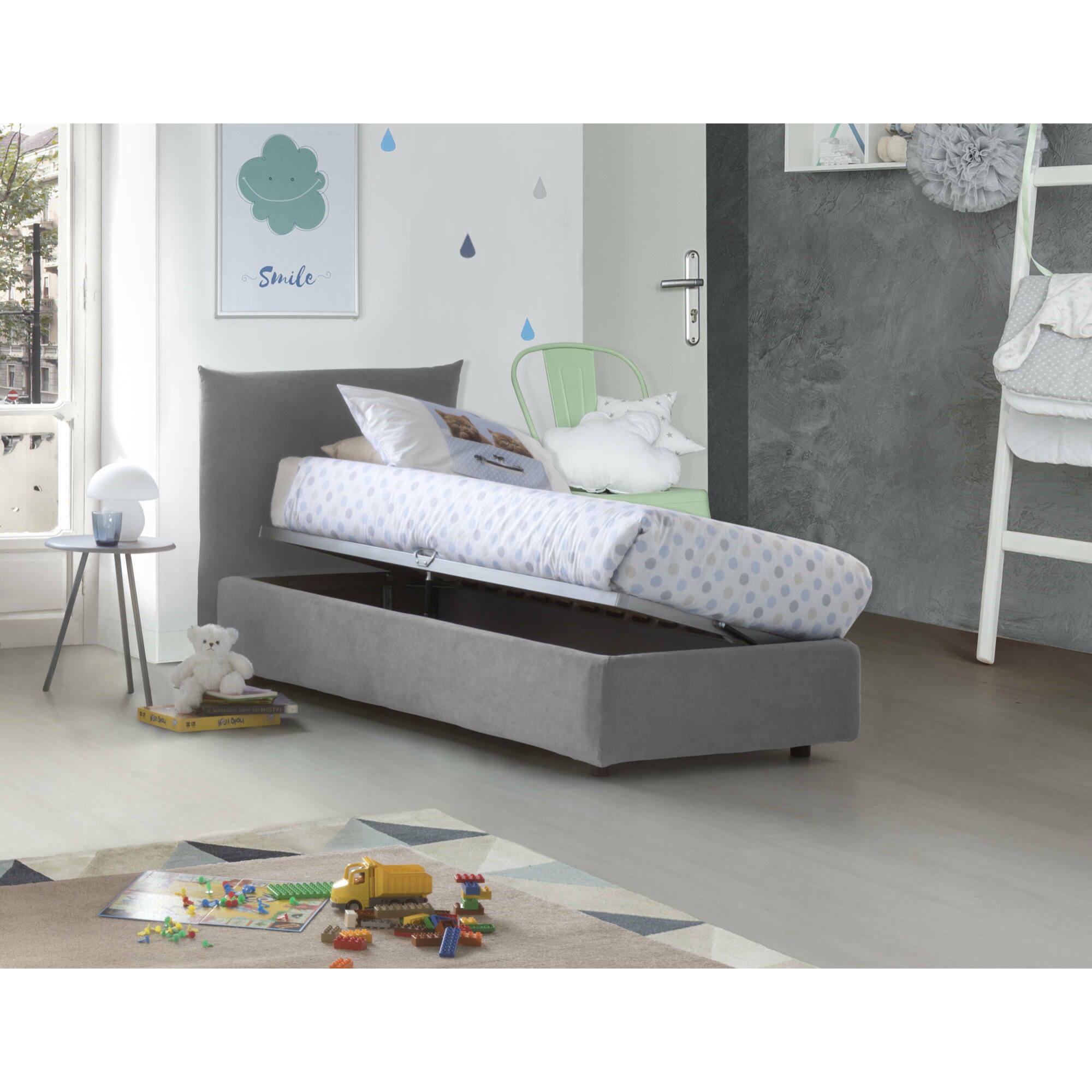 Letto singolo Cosetta, Letto contenitore con rivestimento in tessuto, 100% Made in Italy, Apertura laterale, con materasso Cm 80x190 incluso, Grigio