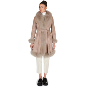 Cappotto in montone scamosciato beige con collo in volpe