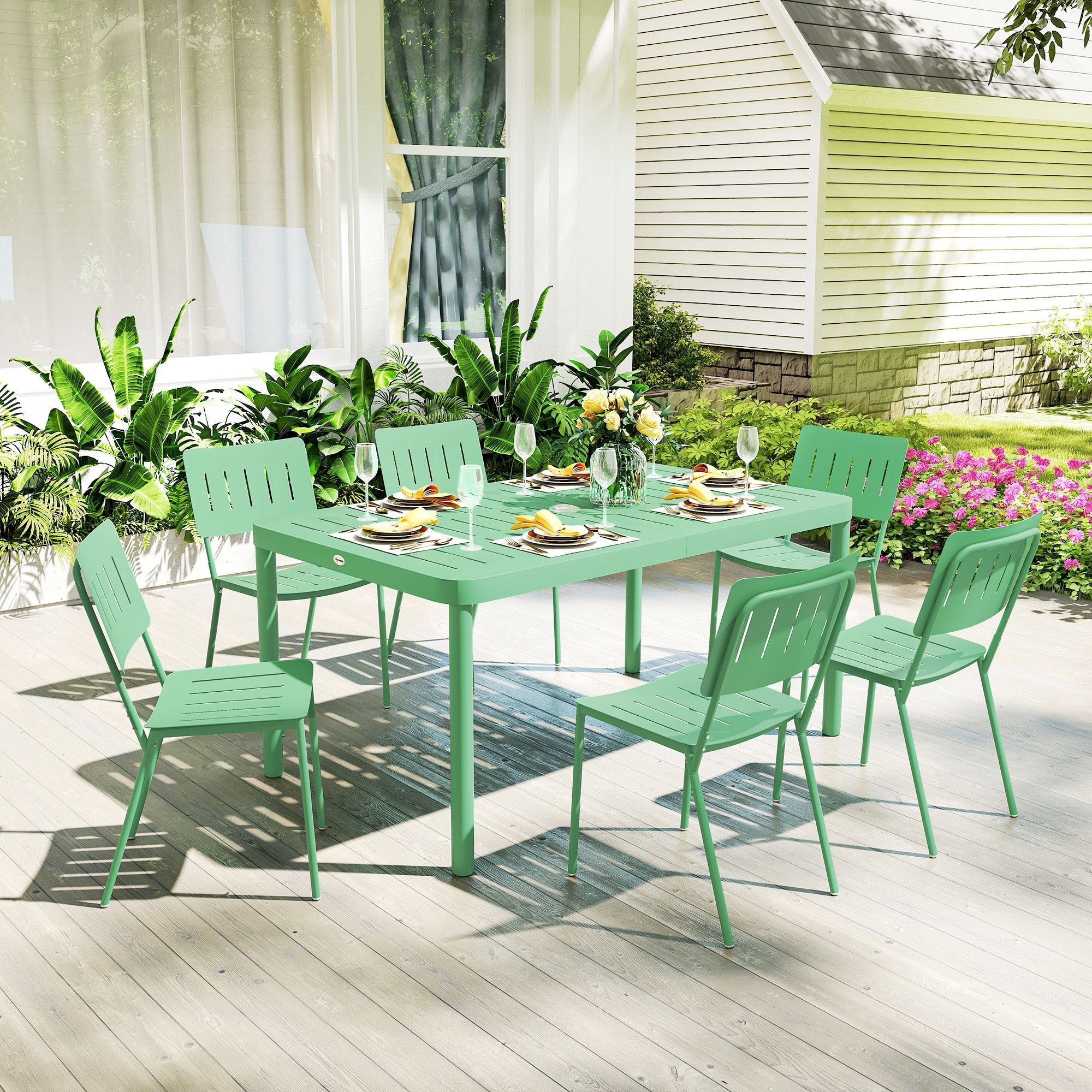 Salon de jardin - ensemble déjeuner 6 places 7 pièces - table et 6 chaises empilables - acier thermolaqué vert