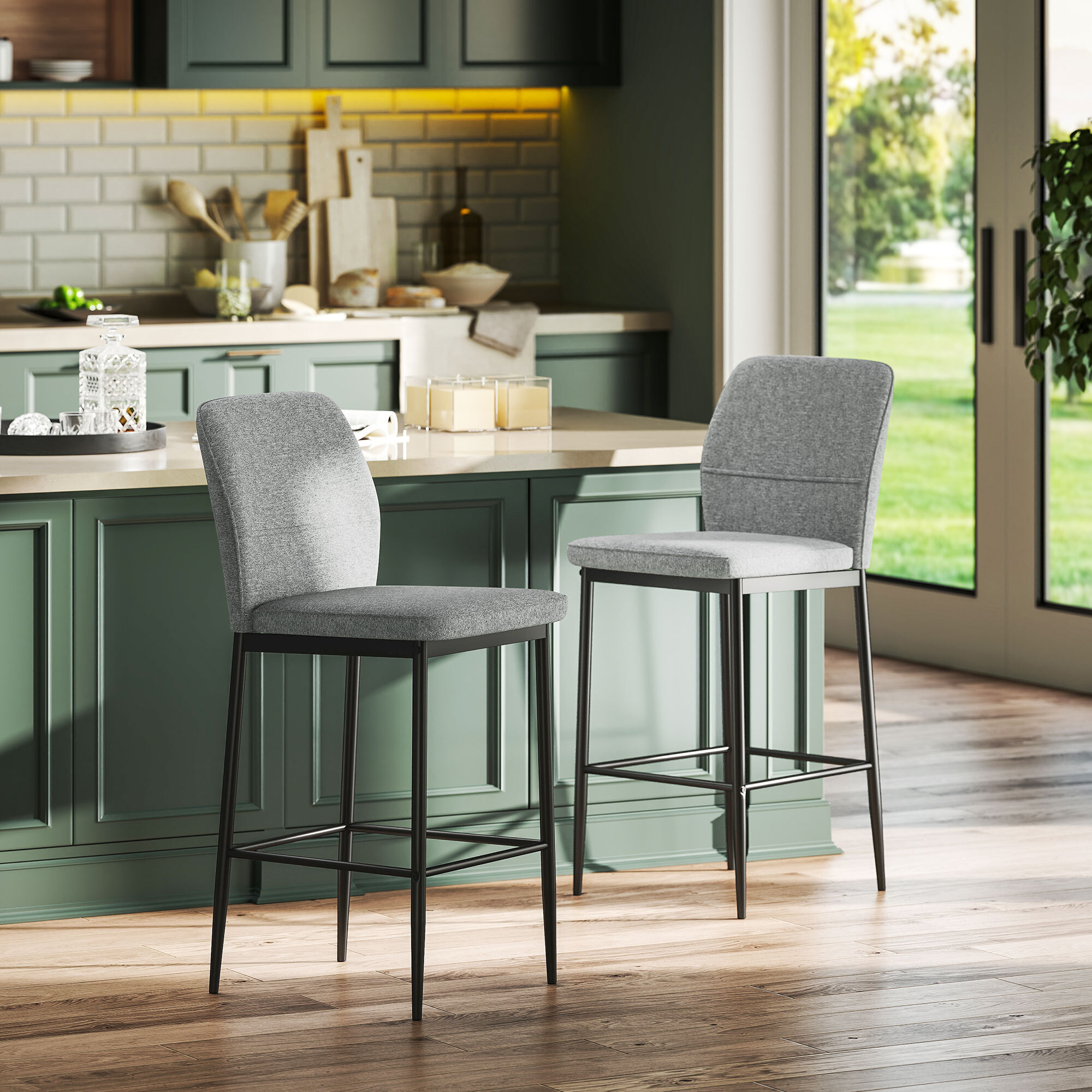 Juego de 2 Taburetes de Bar Taburetes Altos de Cocina con Respaldo y Reposapiés Tapizado en Terciopelo Marco de Acero Taburetes Altos Modernos para Comedor Mostrador Gris