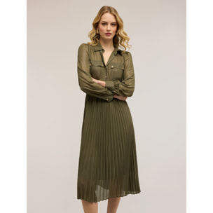 Motivi - Vestido camisero en georgette plisado - Verde militare