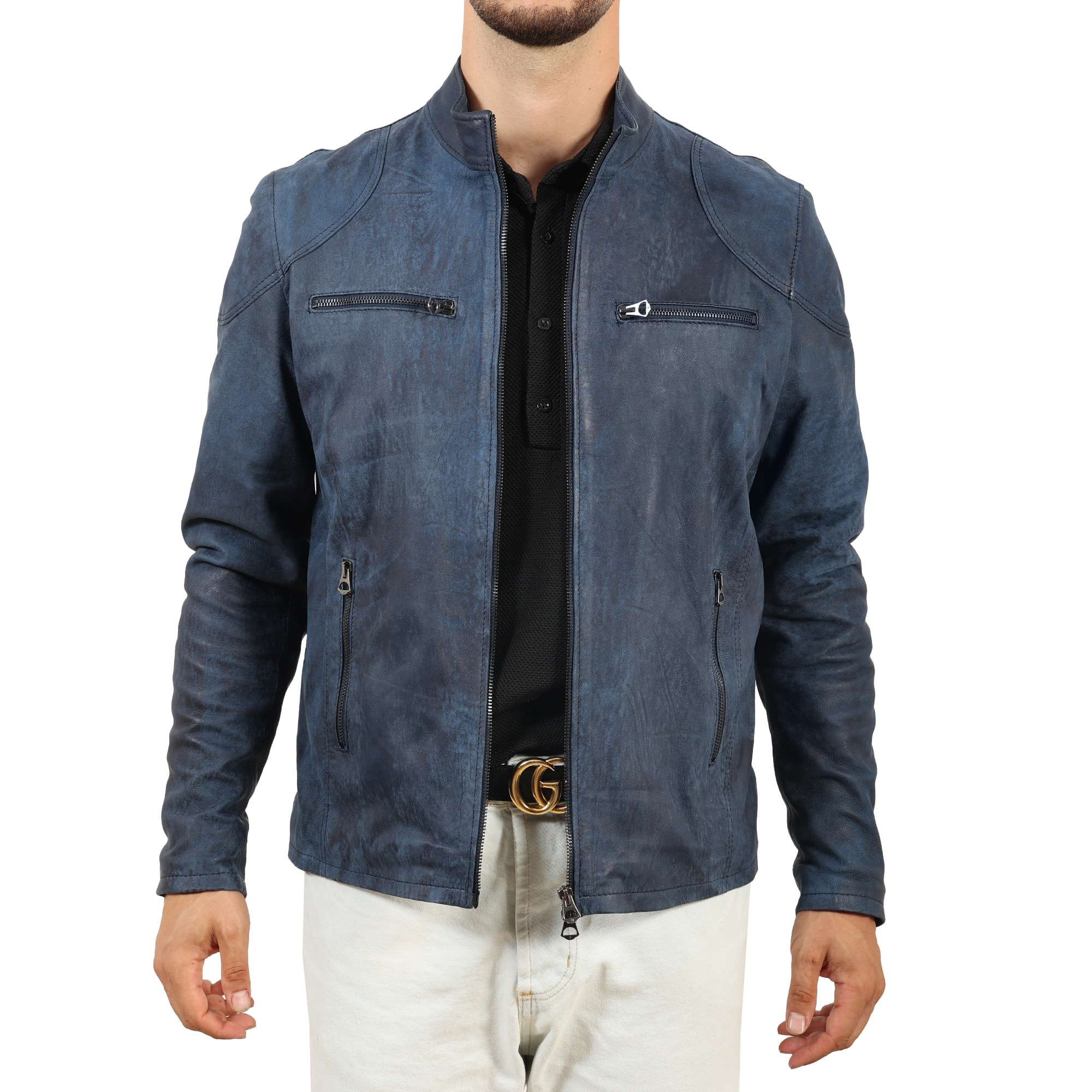 Giubbino in pelle di vitello rifinizione dakota blu jeans-Slim Fit