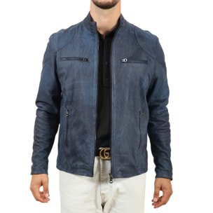 Giubbino in pelle di vitello rifinizione dakota blu jeans-Slim Fit