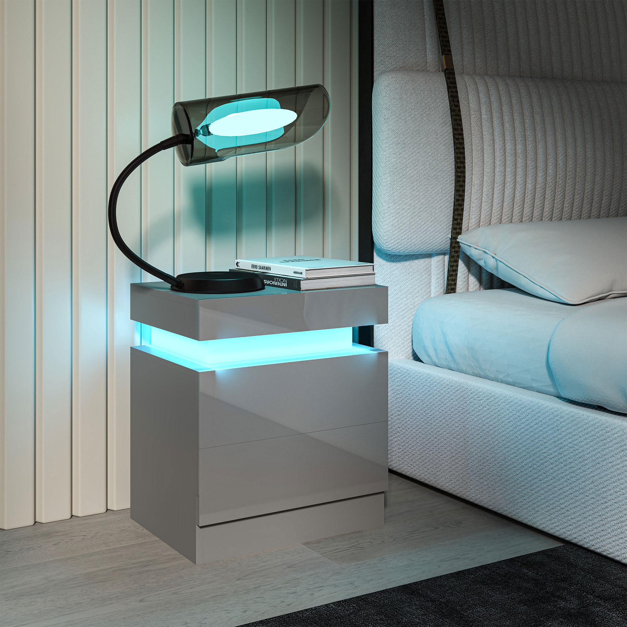 Mesita de Noche con Luces LED Mesilla de Noche con 2 Cajones y Control Remoto Mesa de Noche para Dormitorio Salón 45x35x52 cm