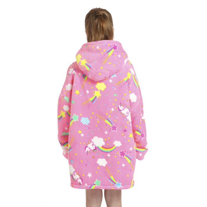 Bata infantil estilo sudadera y manta de felpa extrasuave. Bolsillos frontales. Diseño Arcoiris y Unicornios