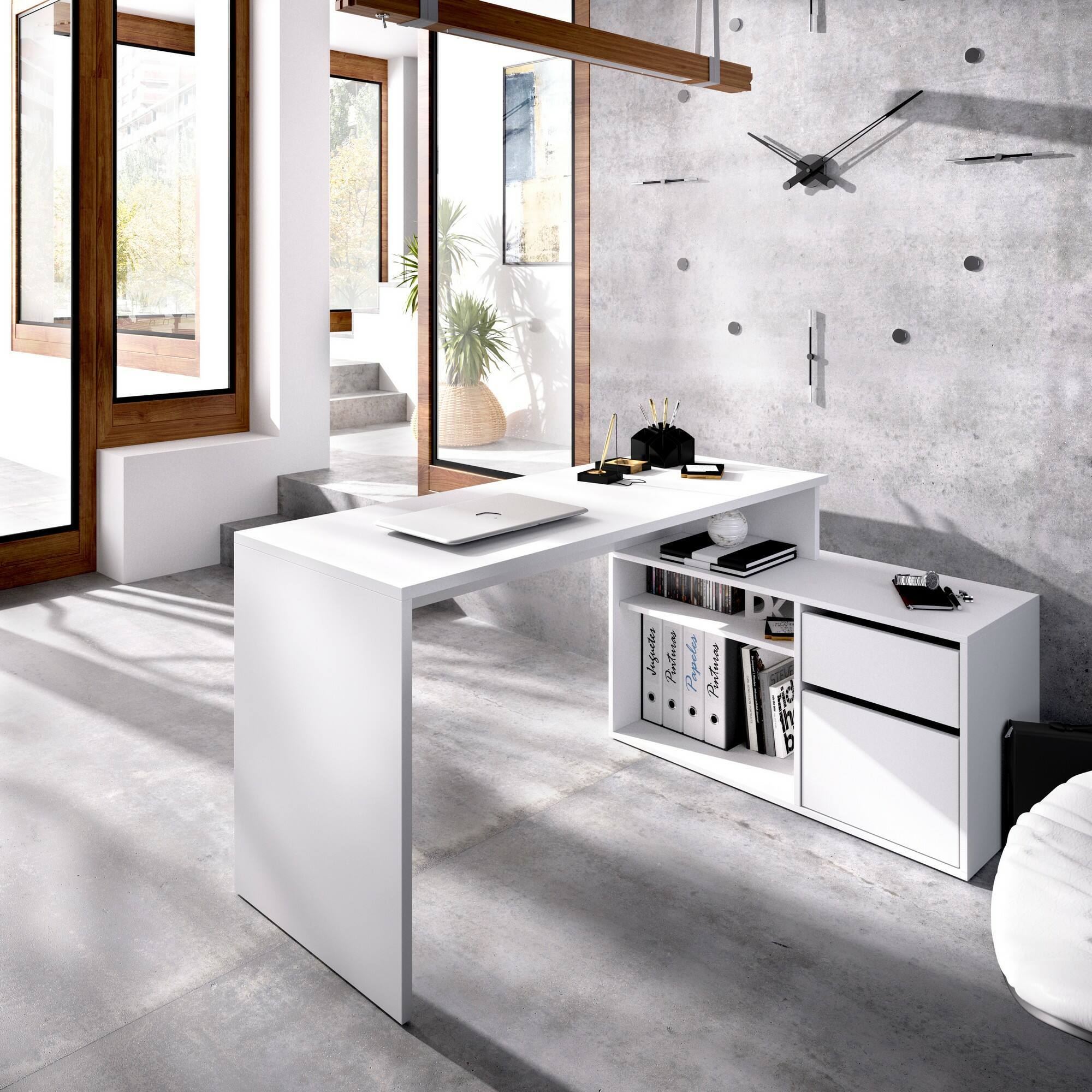 Scrivania Andor, Scrittoio multiposizione da ufficio o cameretta, Tavolo da studio angolare multiuso, 139x92h75 cm, Bianco