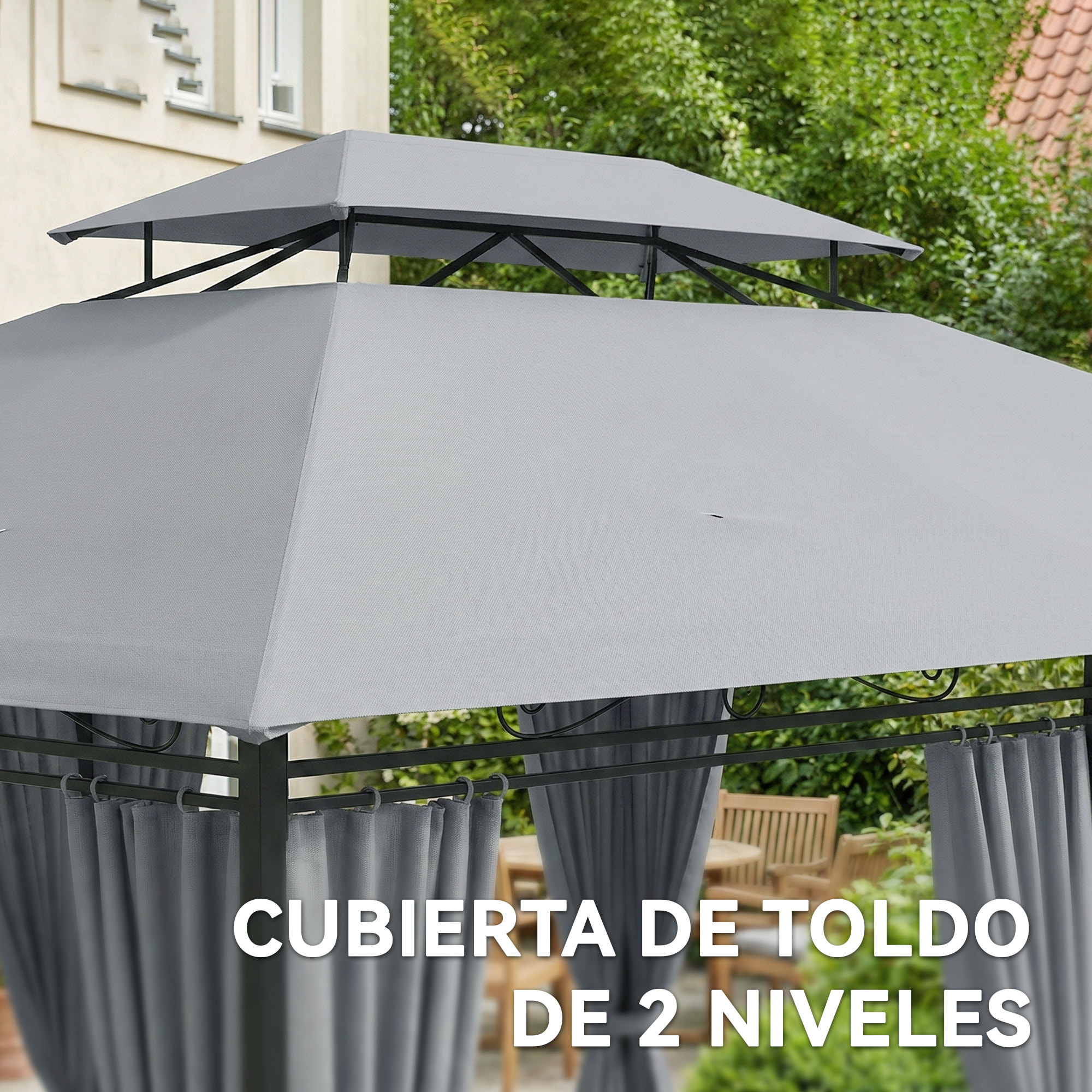 Cenador para Jardín 3x4 m, Pabellón de Jardín, Gazebo con Doble Techo, 6 Paredes Laterales, Estructura Metálica, Drenaje, Carpa para Exterior, Terraza, Patio, Gris Oscuro