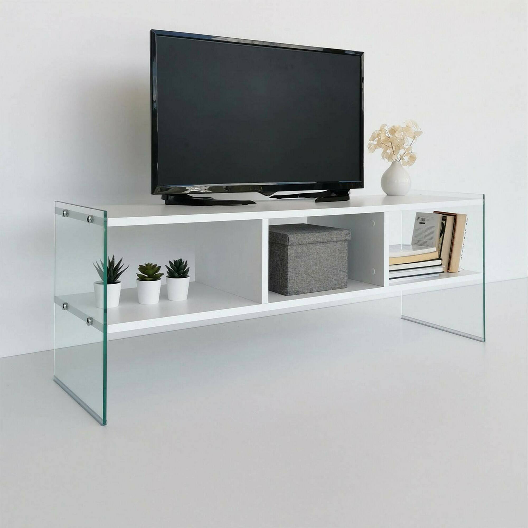 Mobile porta TV Dbennace, Credenza da soggiorno, Armadio basso per TV, Base parete attrezzata, 120x35h45 cm, Bianco