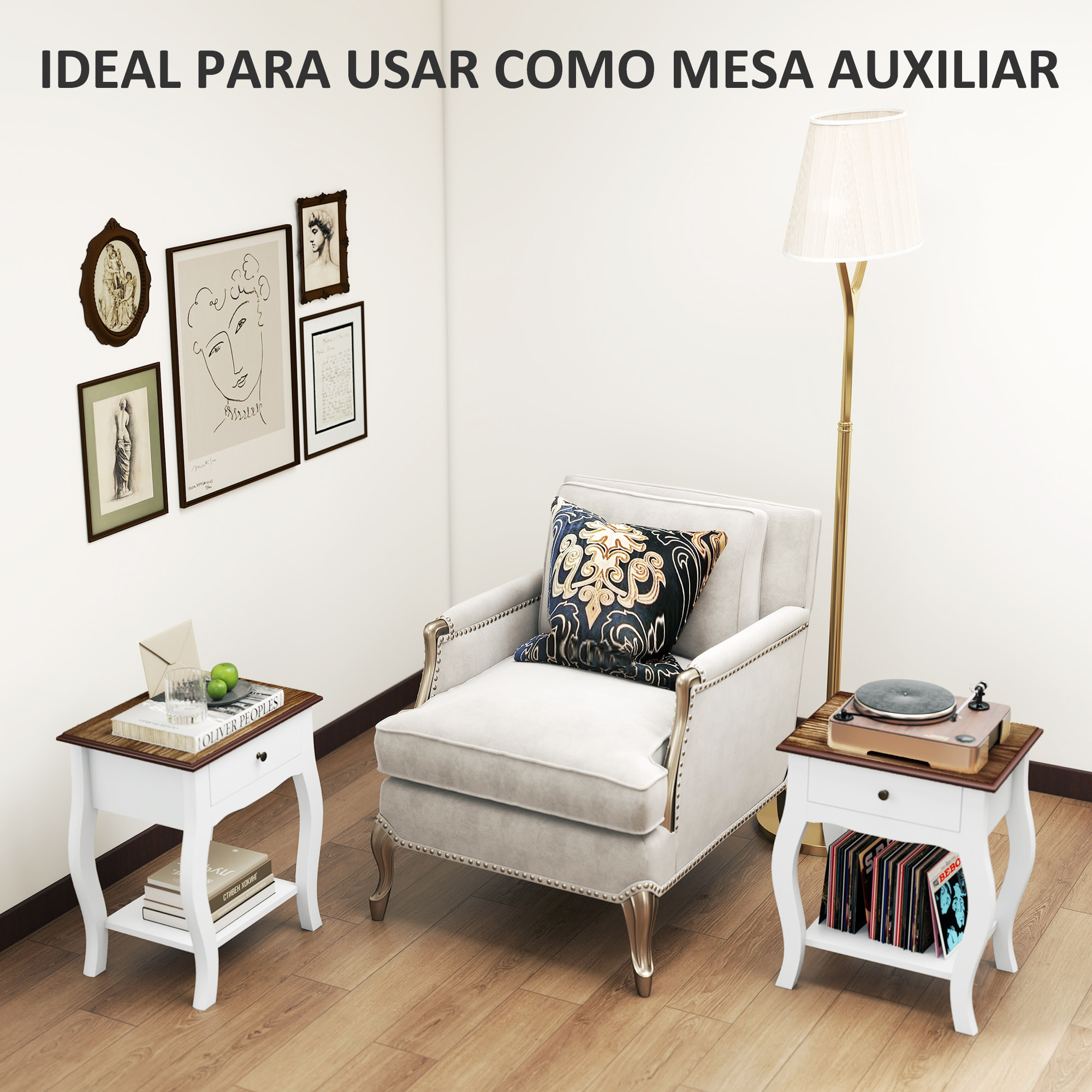 Pack de 2 Mesitas de Noche Mesillas de Noche Dormitorio con Cajón Estante Abierto y Tapa Efecto Roble Estilo Francés para Salón 45x35x55 cm Blanco y Roble