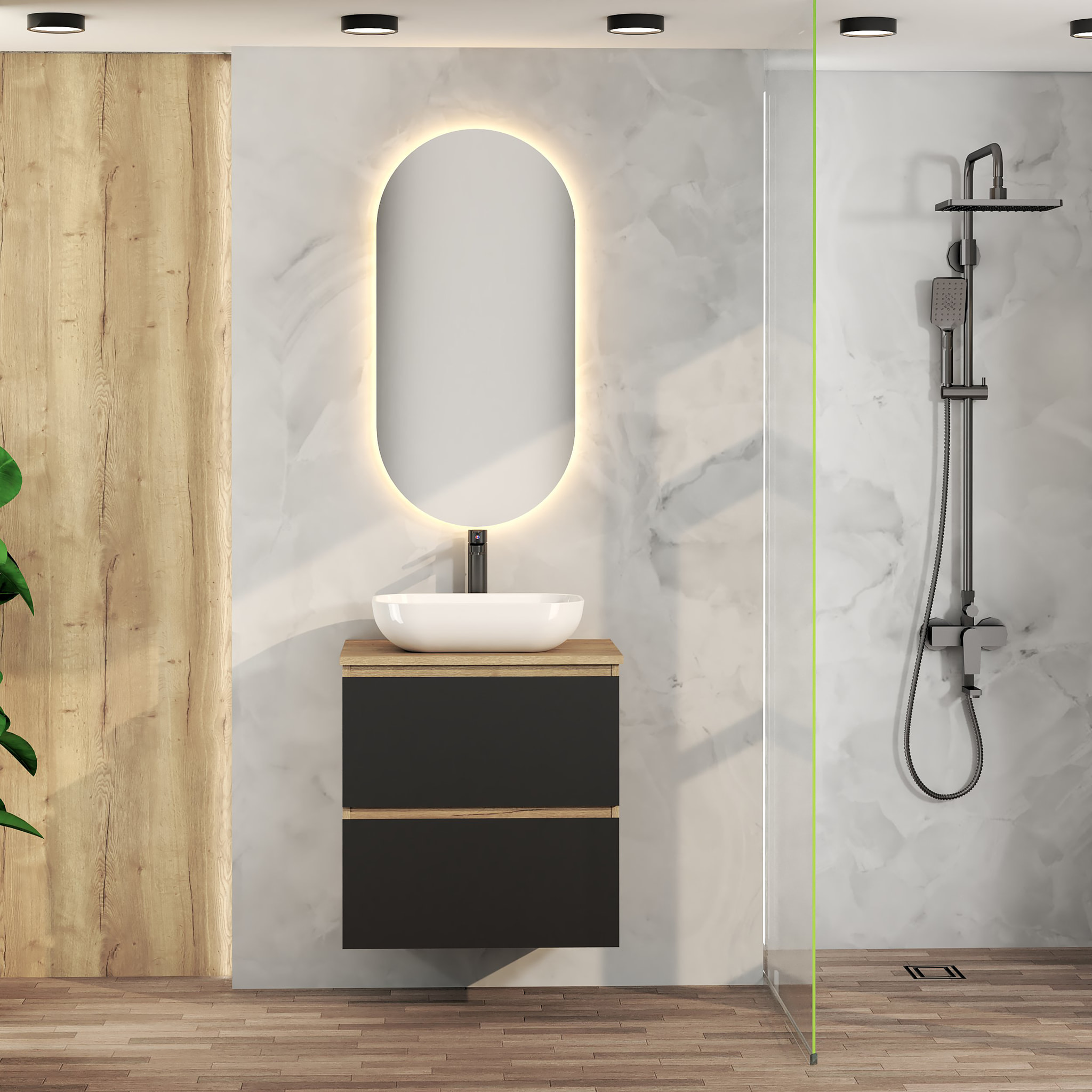 CONJUNTO DE BAÑO NIA | MUEBLE SUSPENDIDO | 60 CM NEGRO | DOS CAJONES | LAVABO SOBREPUESTO | NO INCLUYE ESPEJO | MUEBLE MONTADO| ALDAY