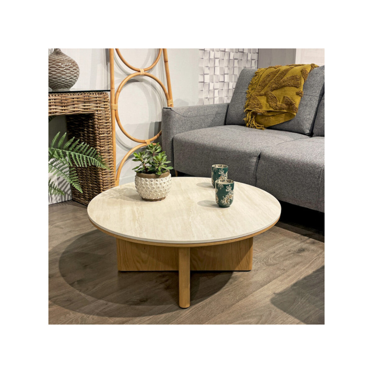 Table basse ronde D.80 cm bois et céramique beige marbré - OAK