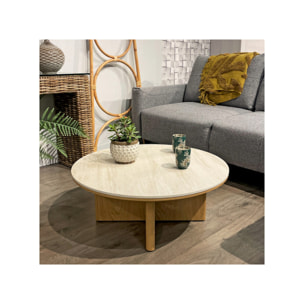 Table basse ronde D.80 cm bois et céramique beige marbré - OAK