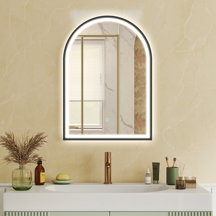 Miroir salle de bain LED design arche 50 x 70 cm anti-buée dimmable tactile réglable verre trempé alu noir