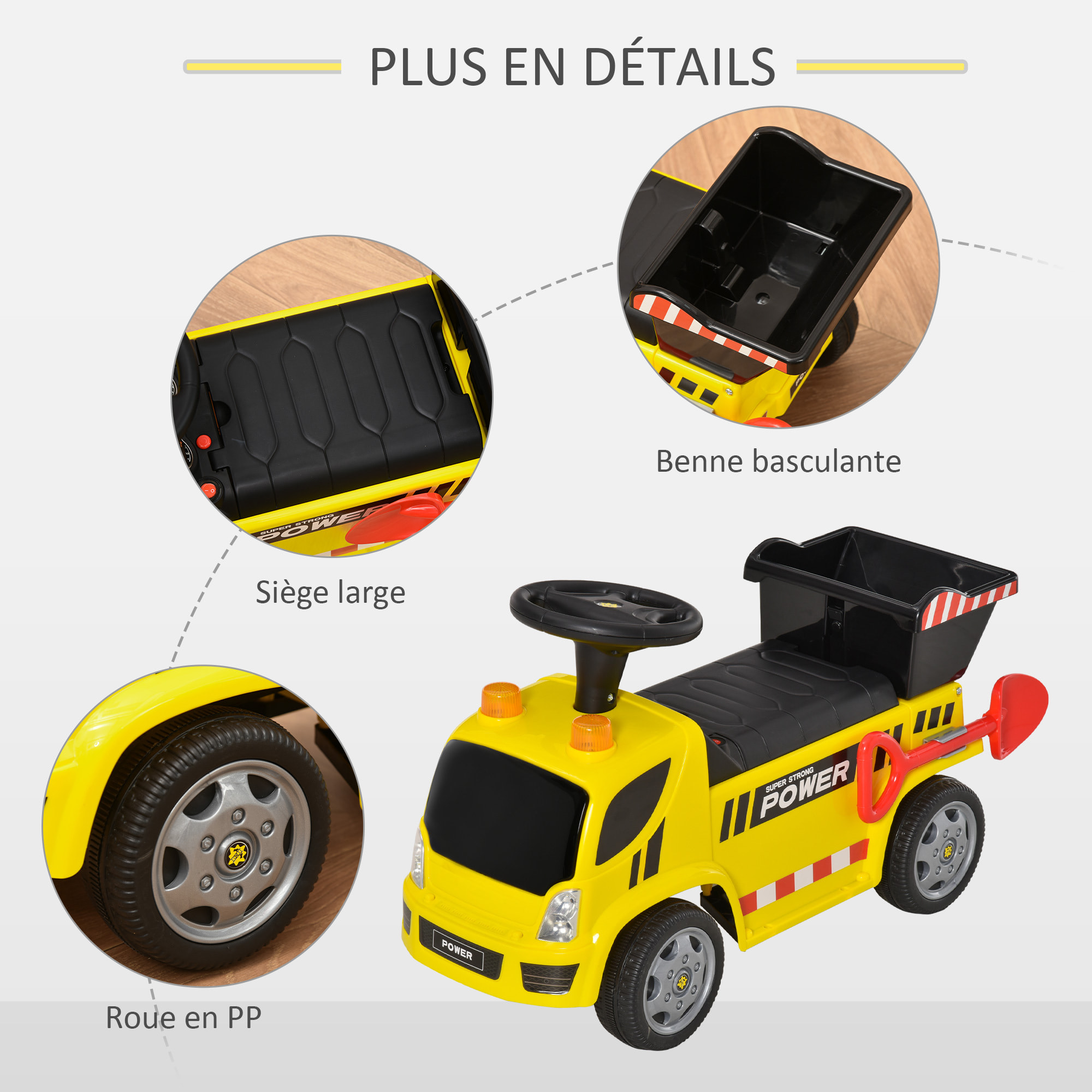 Porteur enfant camion 18-36 mois benne basculante pelle effets sonores lumineux noir jaune