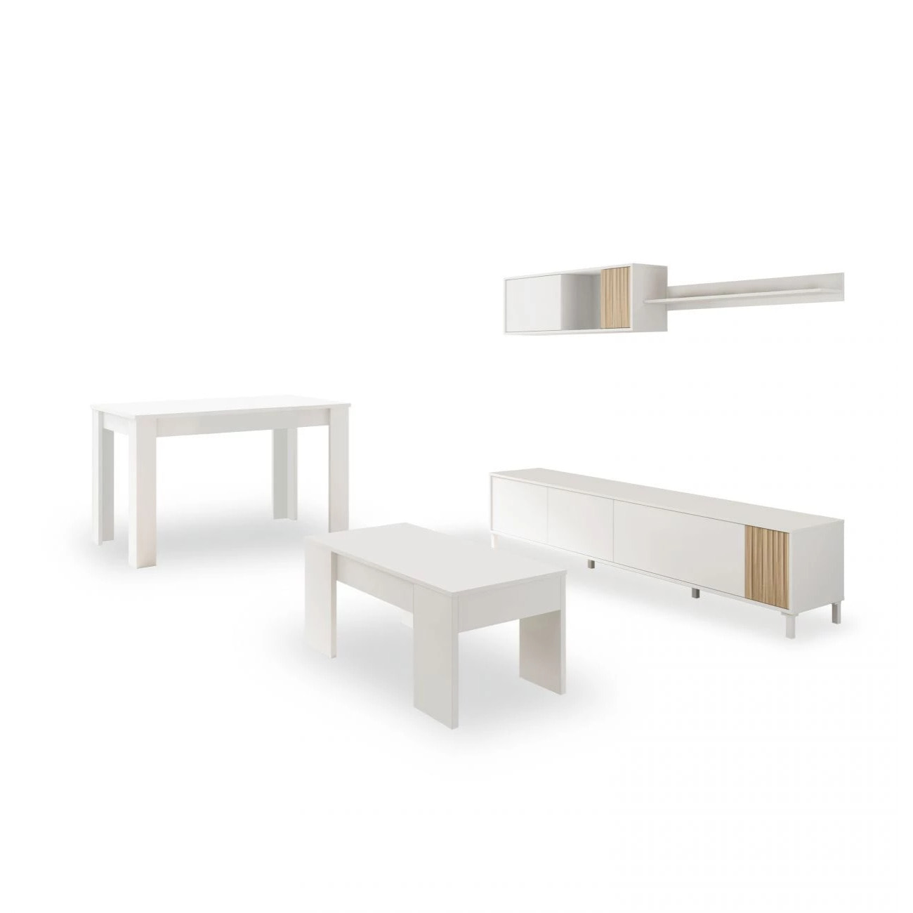 Pack salón con mesa de centro y mesa de comedor Nitza Max V2B Blanco Artik (Blanco Mate) - Natur