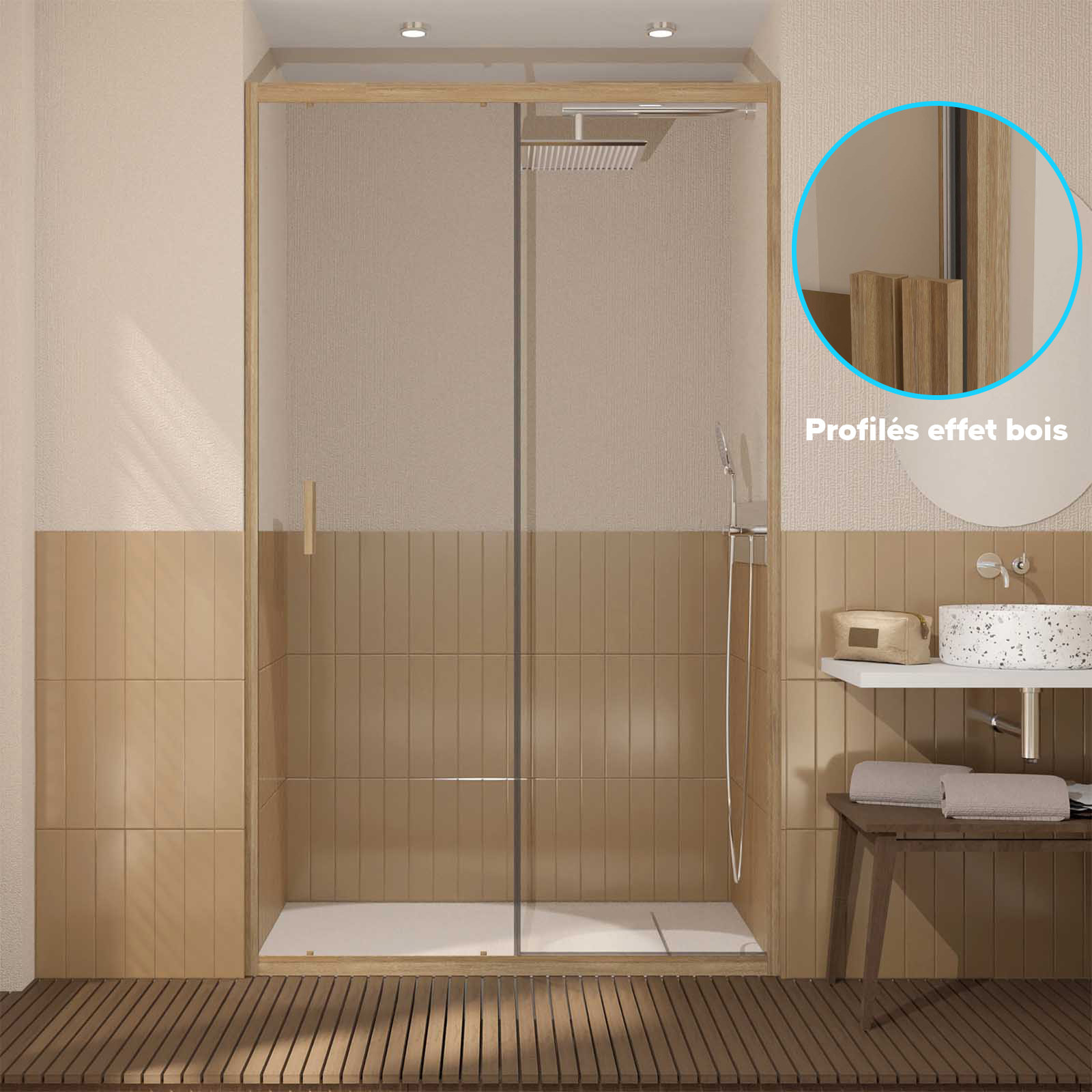 Porte de douche Coulissante 120x200cm - Profilés Aluminium effet Bois - Verre 6mm - WOOD CRUSH