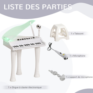 Jouet musical piano électronique - tabouret, micro et support - clavier 37 touches, effet lumineux, nombreux modes - PP blanc