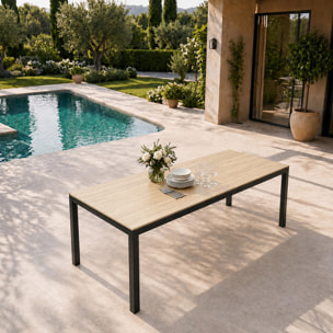 Table de jardin 190cm 8 personnes avec plateau en verre trempé effet bois NEWSTEAD