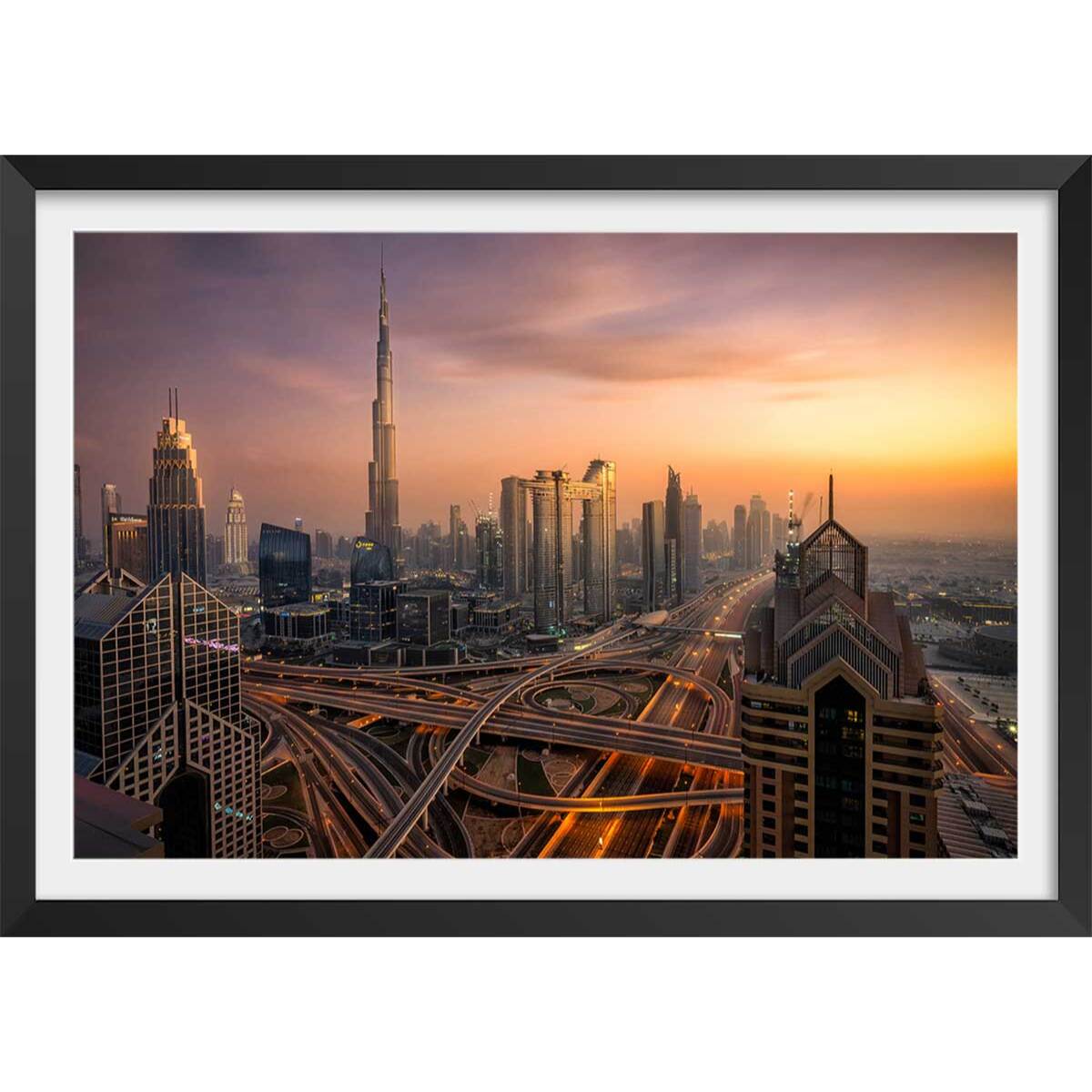 Affiche ""Dubai sunset"" Affiche + cadre en bois - Noir