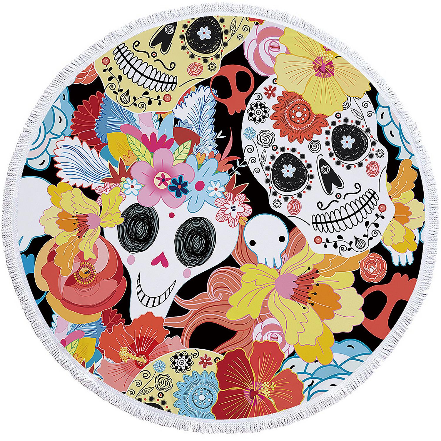 Toalla redonda 150cms 205 GSM. Diseño Sugar Skulls - Calaveras y flores.