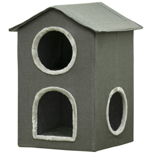 Casa para Gatos de 2 Niveles Cama para Gatos Cueva para Gatos con 3 Puertas y Cojines Lavables 42x46x59,5 cm Gris