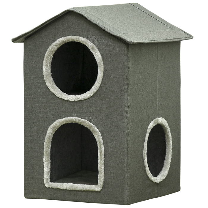 Casa para Gatos de 2 Niveles Cama para Gatos Cueva para Gatos con 3 Puertas y Cojines Lavables 42x46x59,5 cm Gris