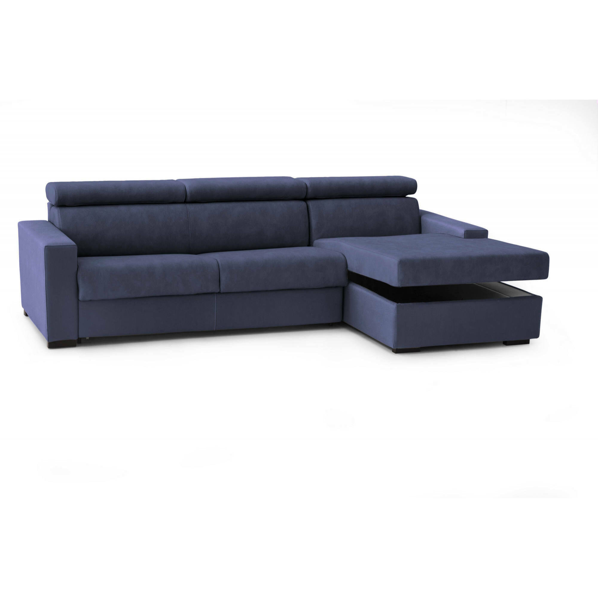 Divano Letto Alberta, Divano ad angolo, 100% Made in Italy, Sofà con apertura girevole, con Penisola contenitore Destra, con Braccioli standard, Cm 280x95h85, Blu