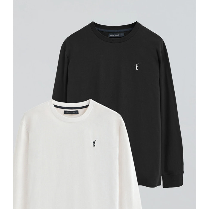 Pack uomo con due magliette in bianco e nero a maniche lunghe con ricamo Rigby Go
