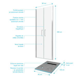 Pack Paroi de douche 80x200 cm + RECEVEUR DE DOUCHE A CARRELER 80x120 RECOUPABLE