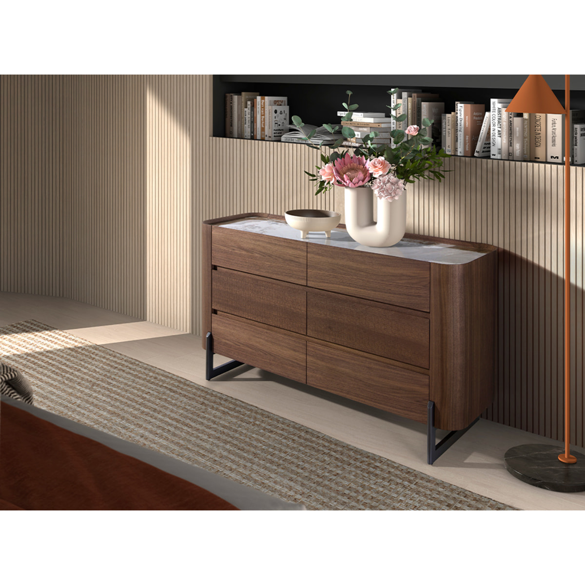 Cómoda de madera chapada en nogal natural y patas de acero inoxidable oscuro metalizado 145x45x78cm