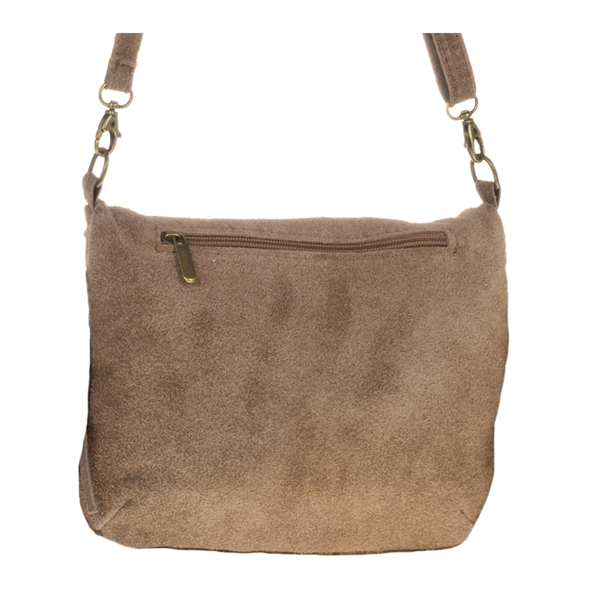 Borsa a Spalla da Donna Cenerente Vera Pelle Scamosciata Made in Italy 24x3x19 Cm. Marrone chiaro