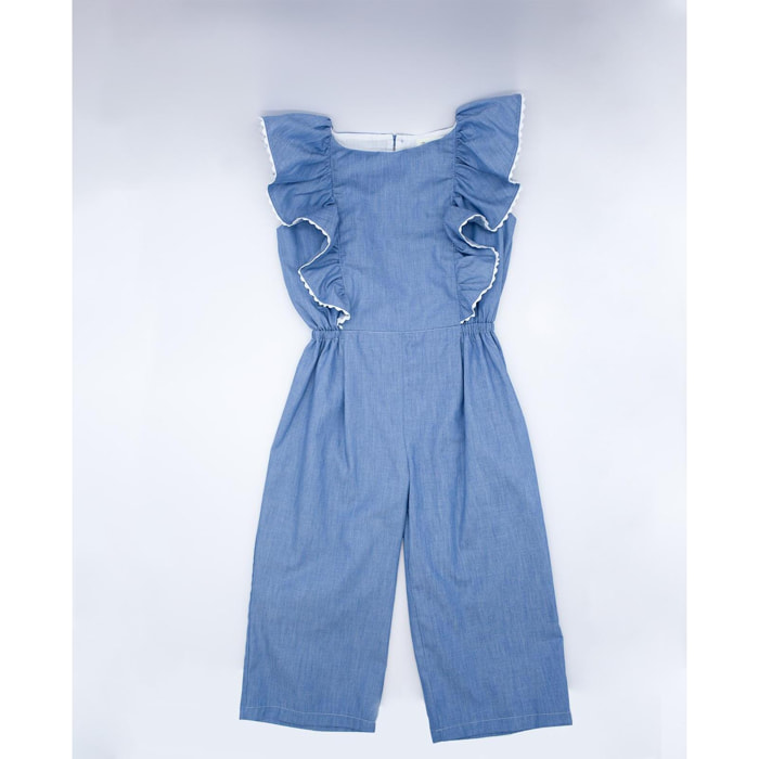 Mono azul. De tirantes y pantalón largo, con volantes en la parte superior.