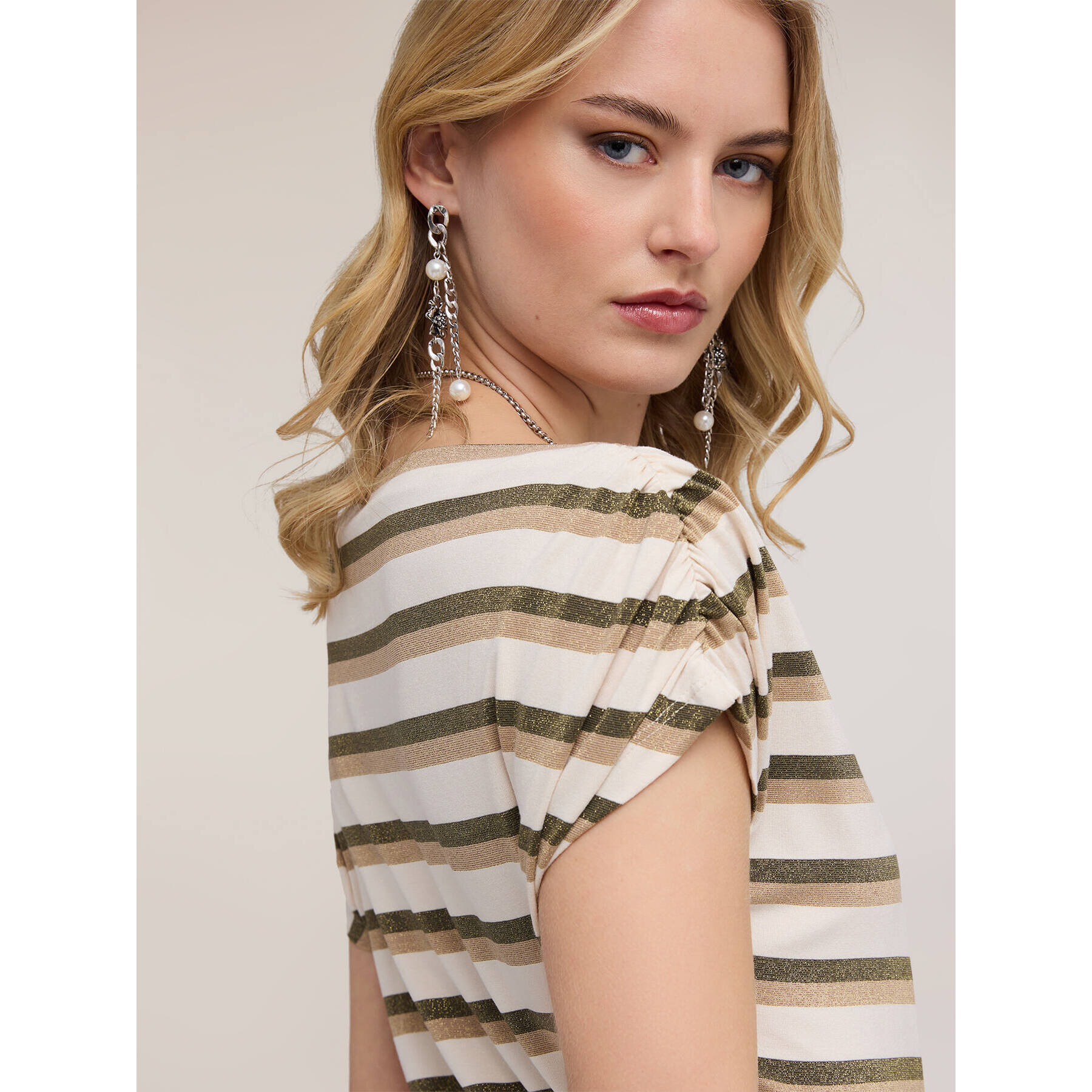 Motivi - T-shirt a righe lurex - Verde militare