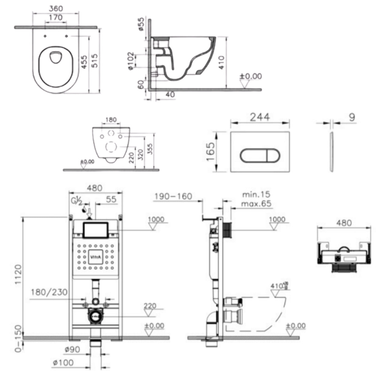 Pack WC suspendu sans bride M60 VortexFlush Round + abattant frein de chute + Bâti support autoportant + Plaque Blanc