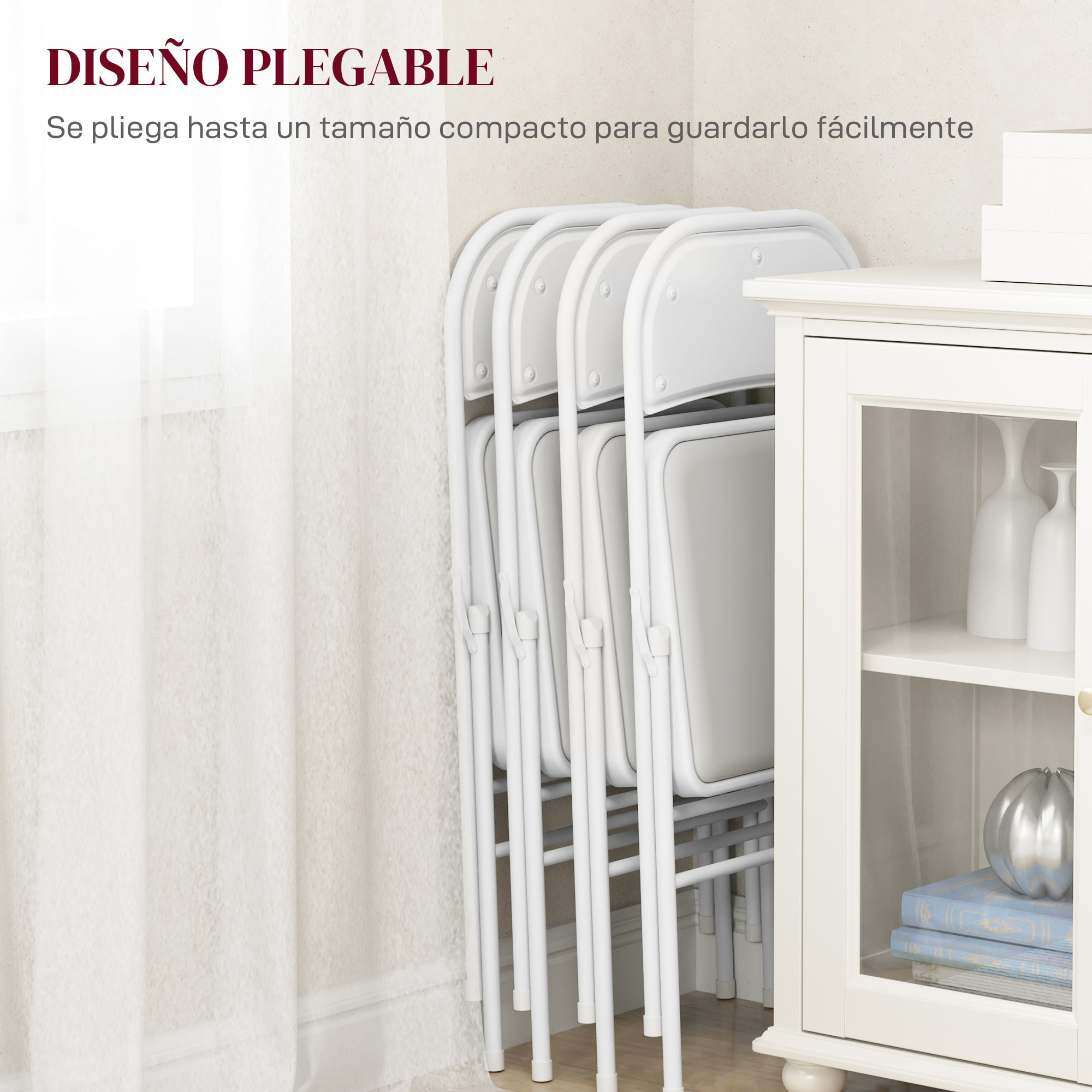 Juego de 4 Sillas Plegables Acolchadas con Respaldo y Estructura de Acero, para Salón, Comedor, Cocina, 45x46x78 cm, Blanco