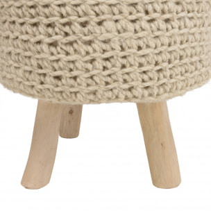 CHARLES - Tabouret rond 40x40cm laine tressé ivoire pieds bois naturel