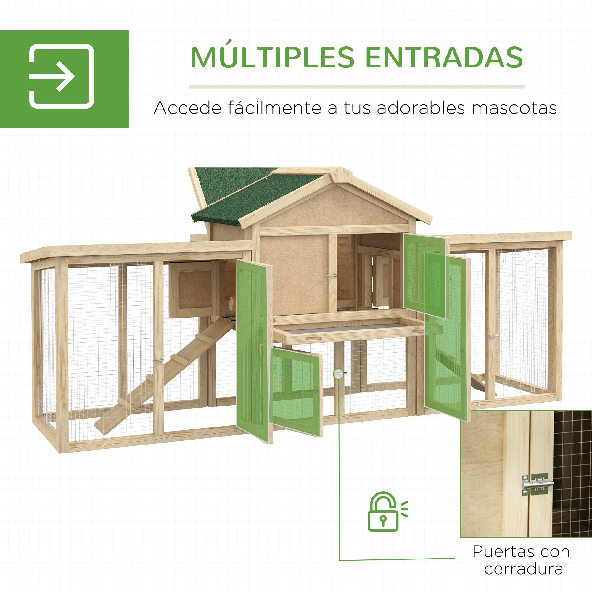 Gallinero de Madera 204x85x93 cm Jaula para 2-4 Gallinas Gallinero Grande con Nido Bandeja Extraíble Techo de Asfalto y Rampa para Exterior Natural