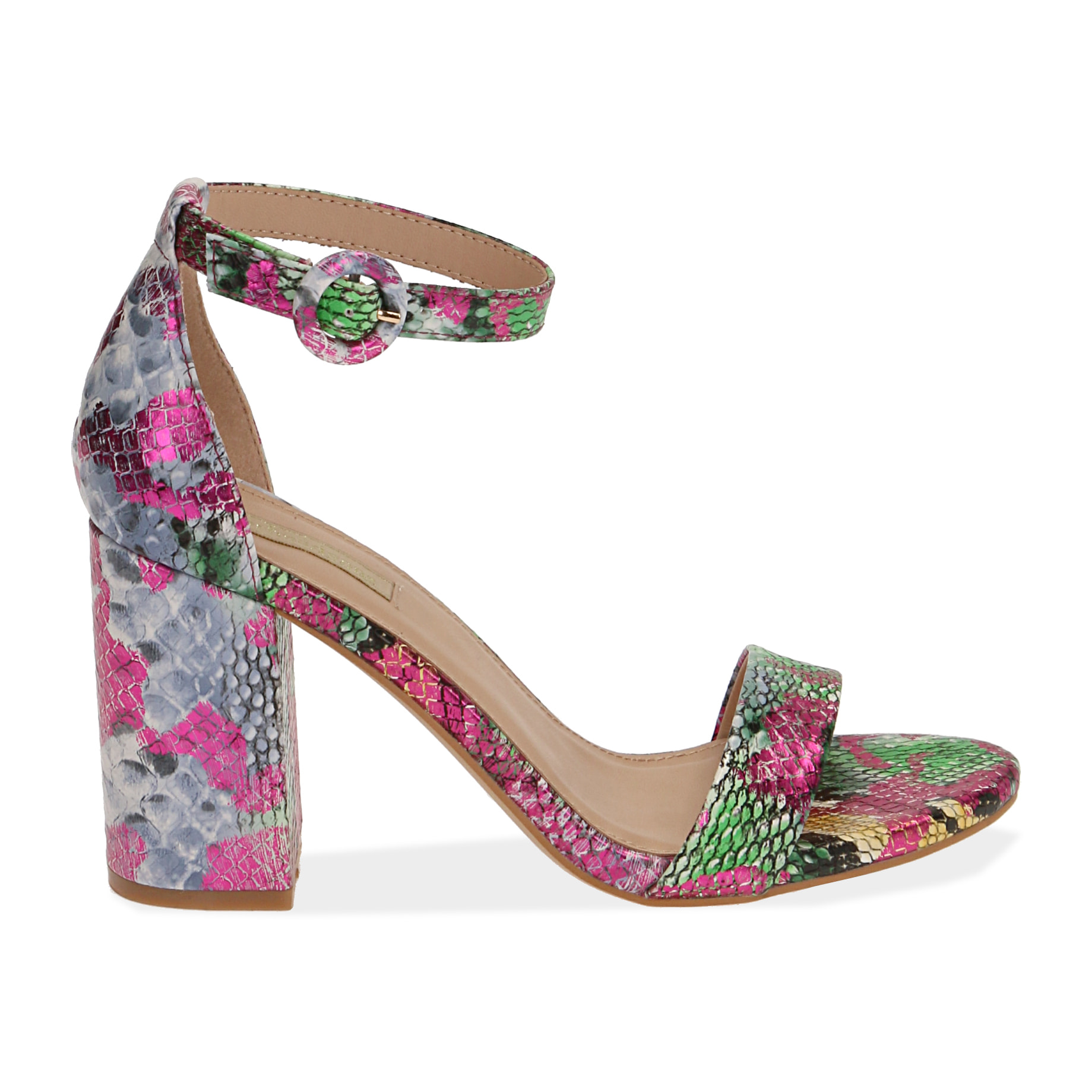 Sandalias estampado pitón multicolor, tacón 9 cm