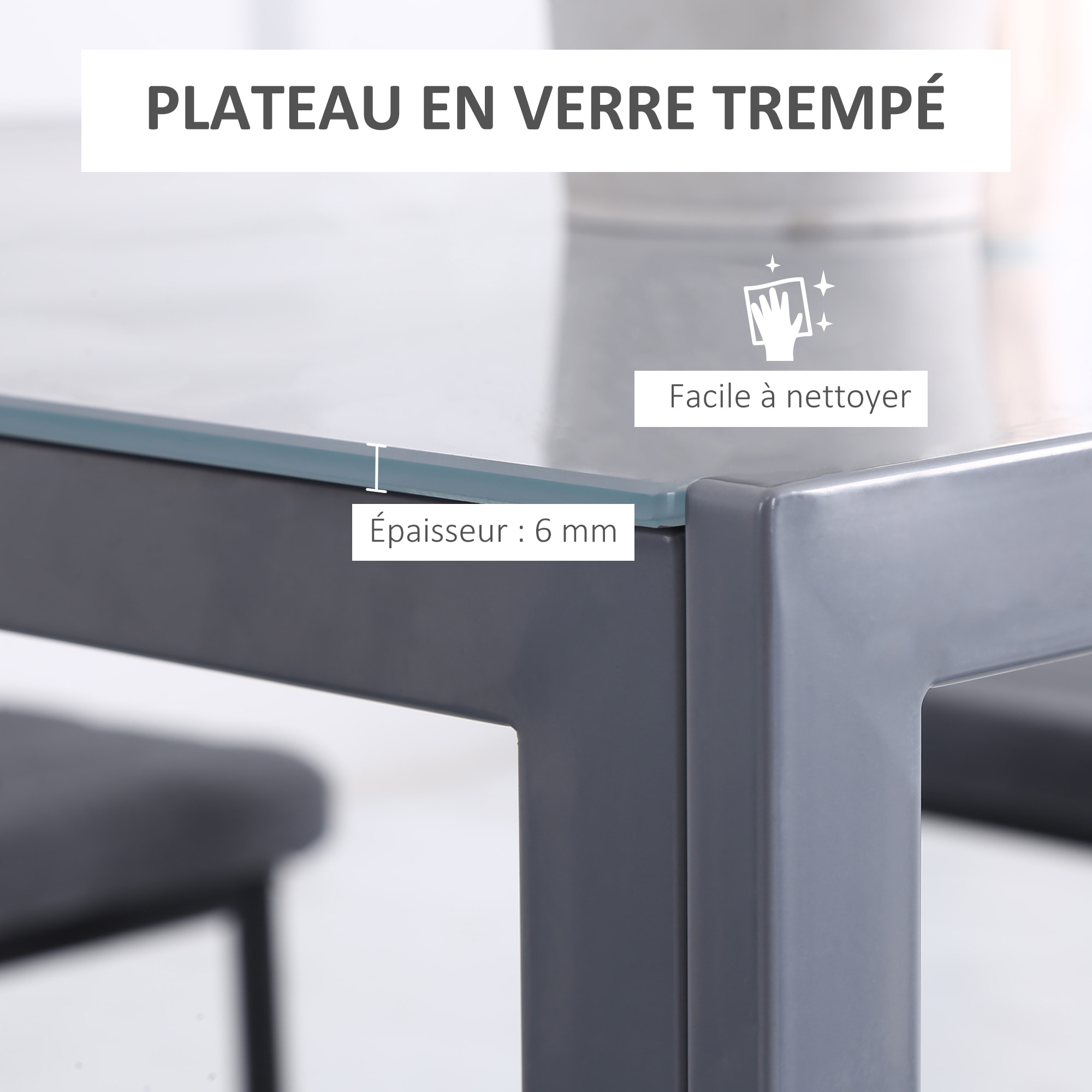 Table à manger carrée 2-4 pers. dim. 75x75x75cm plateau verre trempé 6 mm métal gris