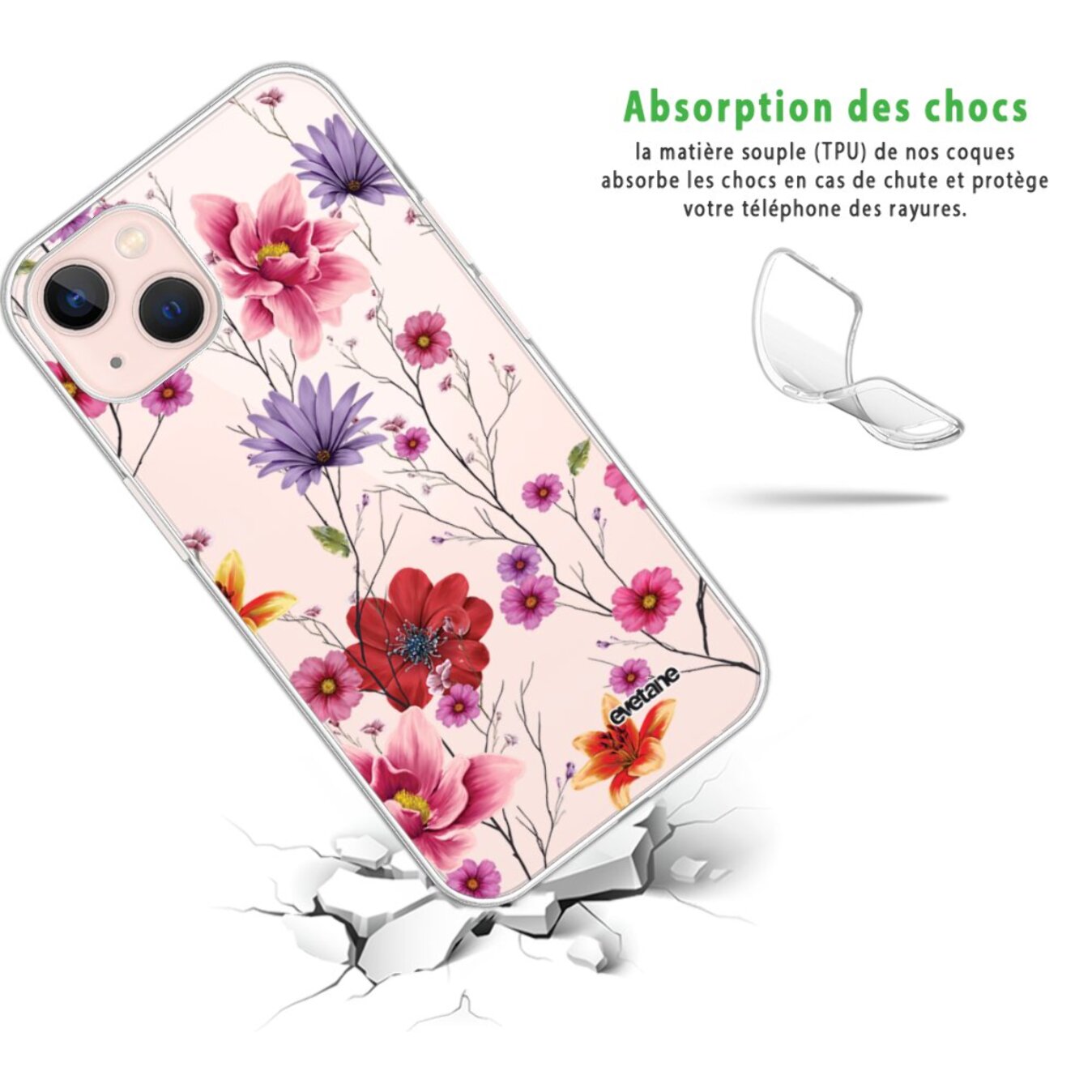 Coque iPhone 13 360 intégrale transparente Fleurs Multicolores Tendance Evetane.