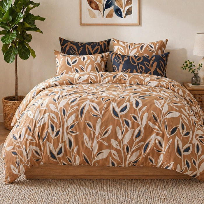 Parure housse de couette 240x220 cm imprimée végétale + 2 taies 100% Coton - LINDA
