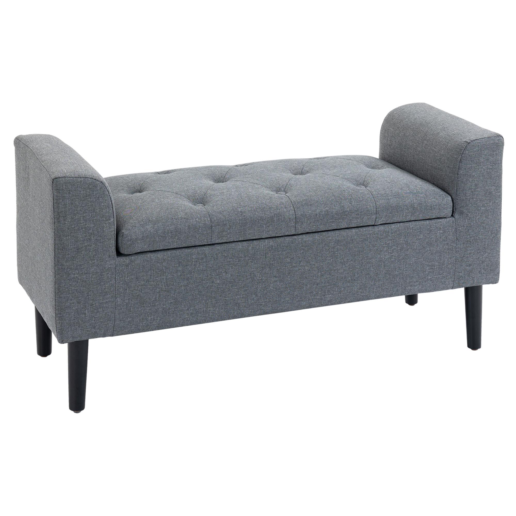 HOMCOM Banco Pie de Cama Acolchado con Espacio de Almacenaje Banqueta Multifuncional con Brazos Tapa Abatible y Patas de Madera para Dormitorio Salón 116x44x58 cm Gris