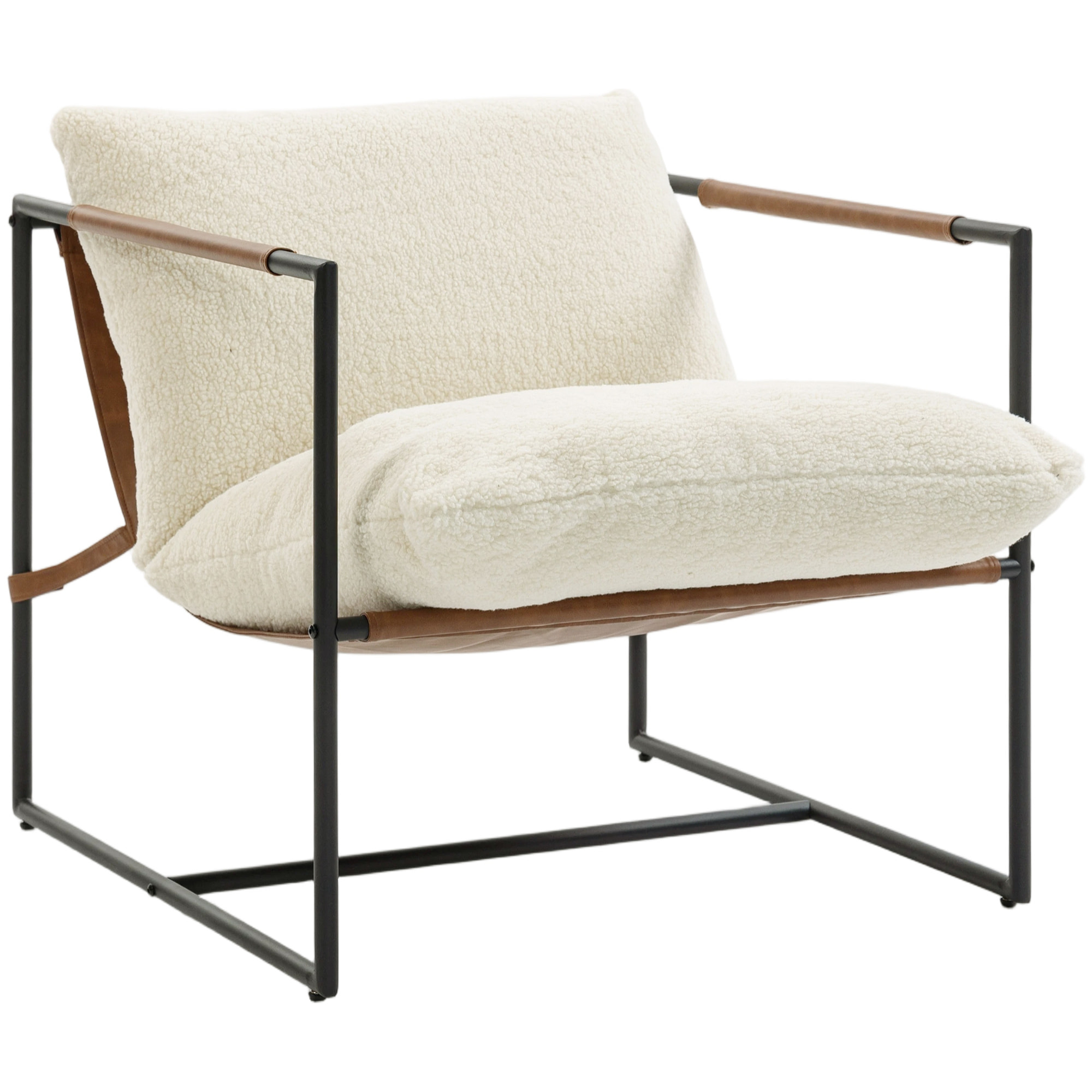 Fauteuil lounge design assise suspendue PU camel acier noir bouclette blanc cassé