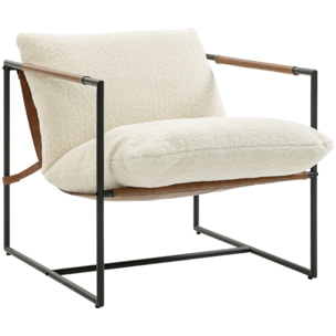 Fauteuil lounge design assise suspendue PU camel acier noir bouclette blanc cassé