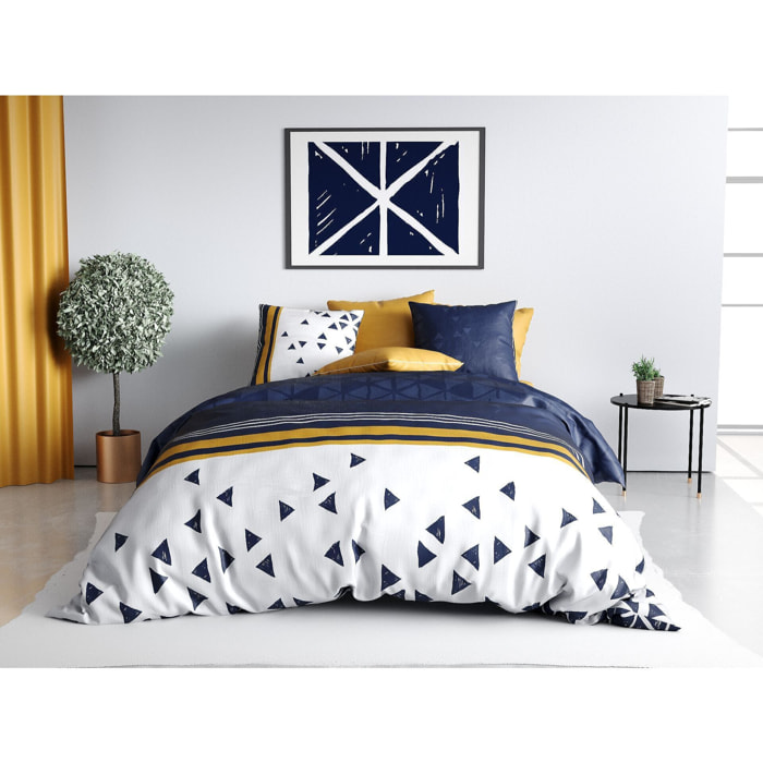 Parure housse de couette coton bleu fonce, bleu marine